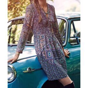 Anthropologie Maeve Tiled Amethyst Dress Boho Smocked Long Sleeve Size Large